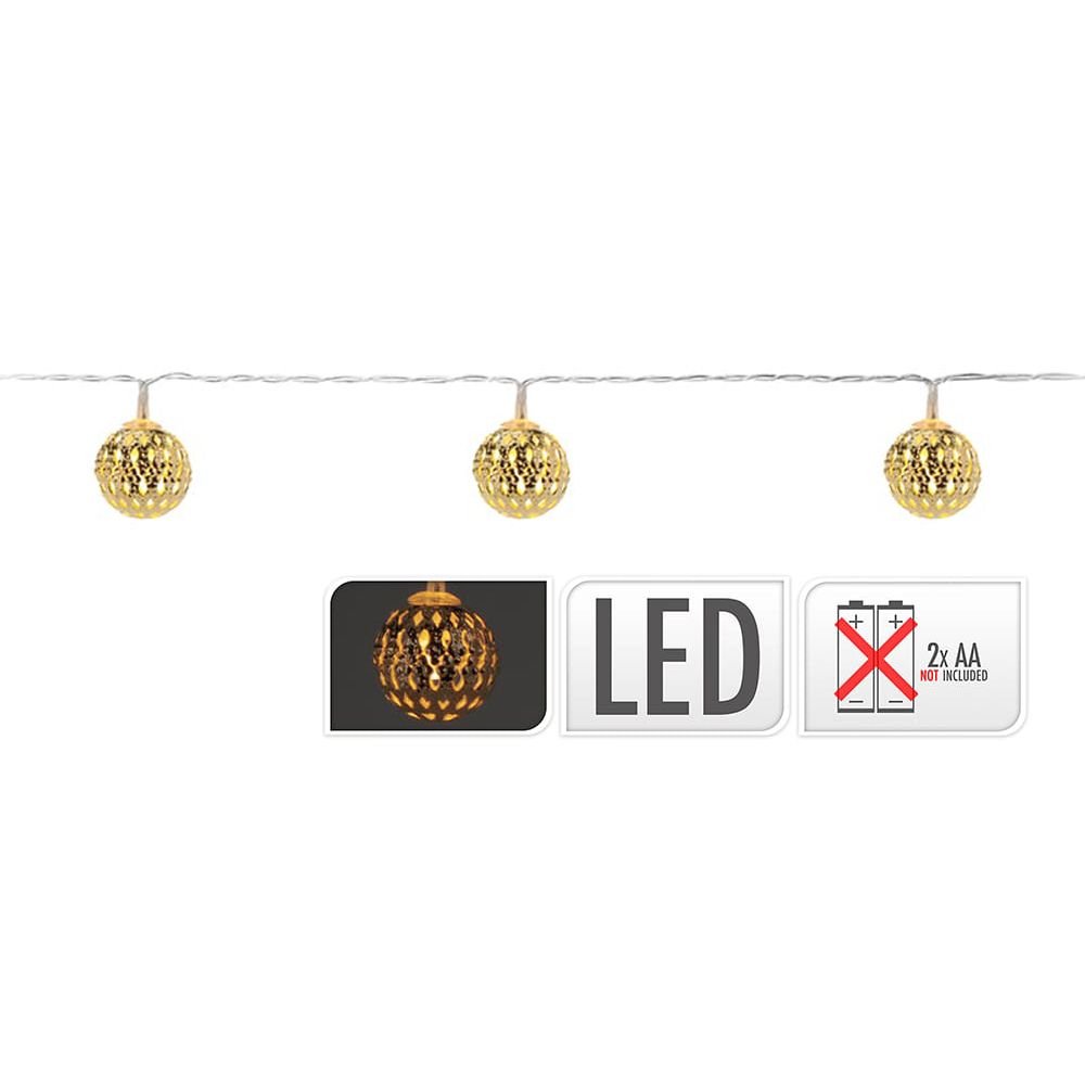 Grinalda a pilhas fixa 10 leds branco quente com bolas douradas ip20 1,3m