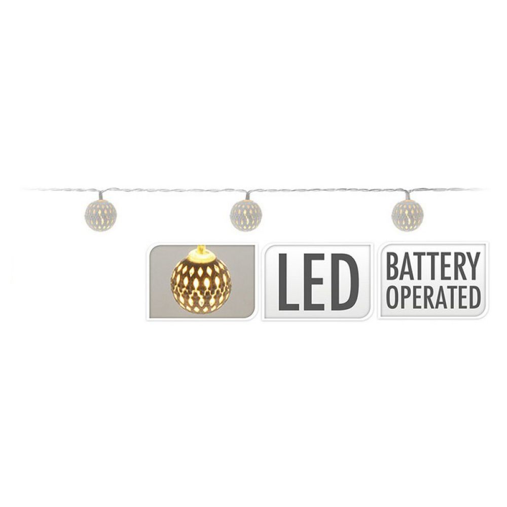 Grinalda a pilhas fixa 10 leds branco quente com bolas brancas ip20 1,3m