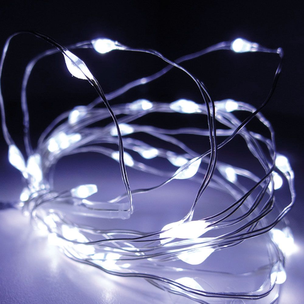 Guirlanda a pilhas, função fixa, 40 leds, cabo de fio prateado, luz branca fria, 195 cm