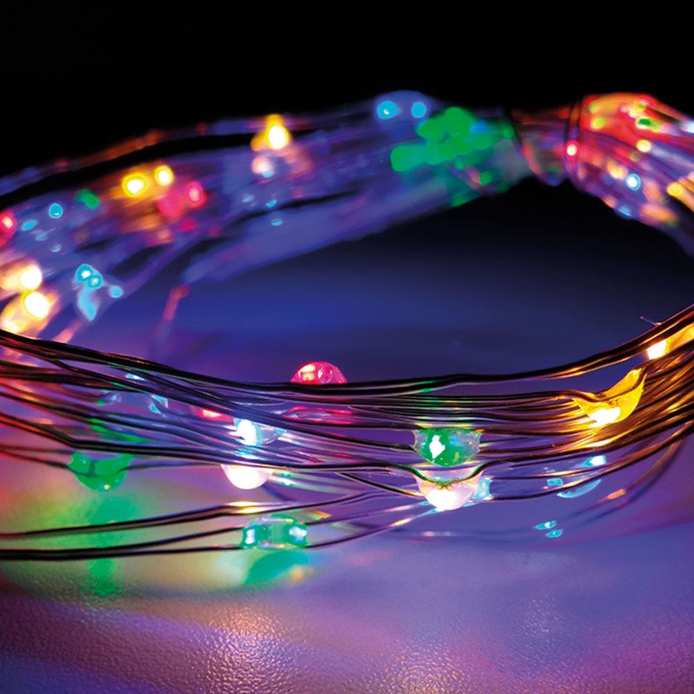 Guirlanda a pilhas, função fixa, 40 leds, cabo de fio prateado, luz multicor, 195 cm