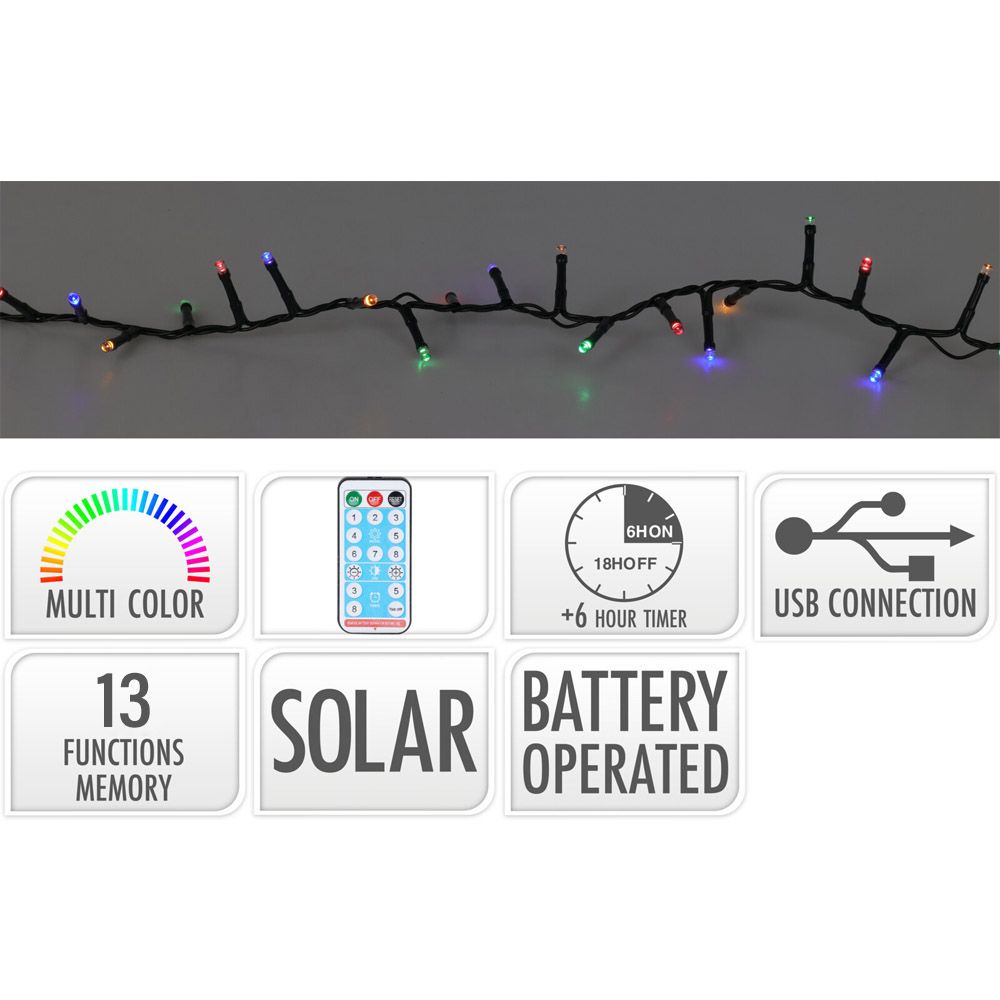 Grinalda led solar 240 leds, 13 funções intermitentes multicor, cabo verde 10m