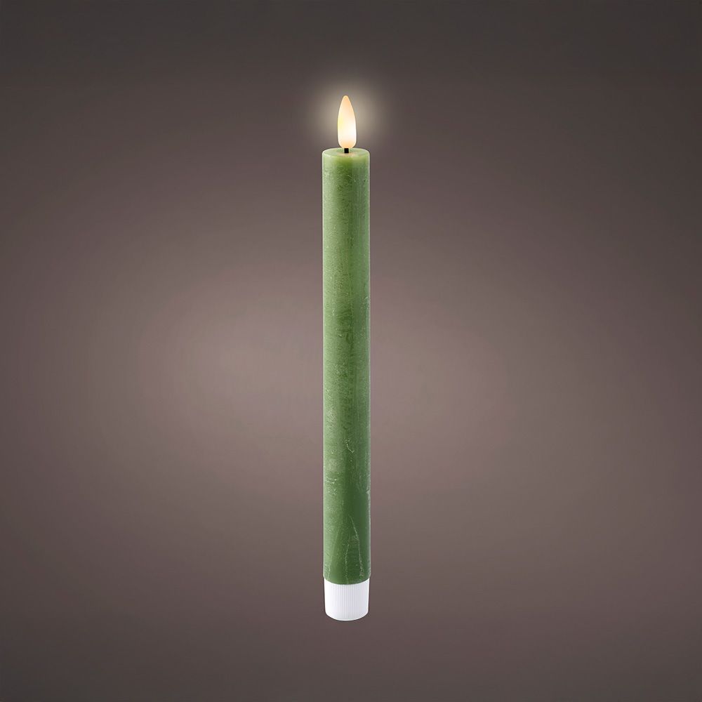 Vela de cera led, cor verde, acabamento rústico, ø2,20 x 24,50 cm, pack 2 unidades