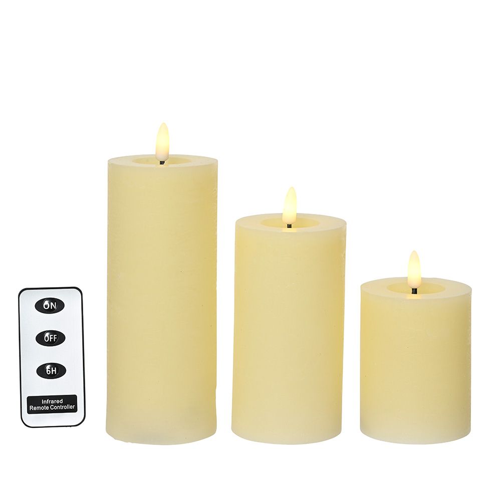 Vela de cera led, cor bege, acabamento rústico, ø7 cm com diferentes alturas, 3 unidades