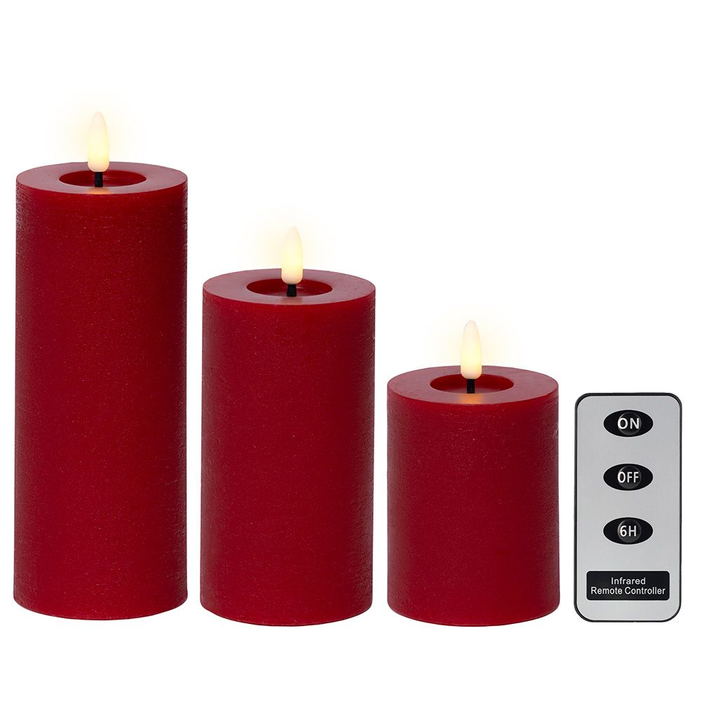 Vela de cera led, cor vermelha, acabamento rústico, ø7 cm com diferentes alturas, 3 unidades