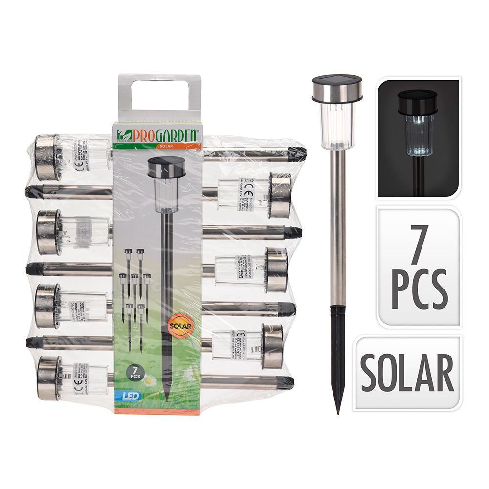 Pack 7 estacas solares de jardim em inox 1 led ip44 ø4,6 x 36,5 cm