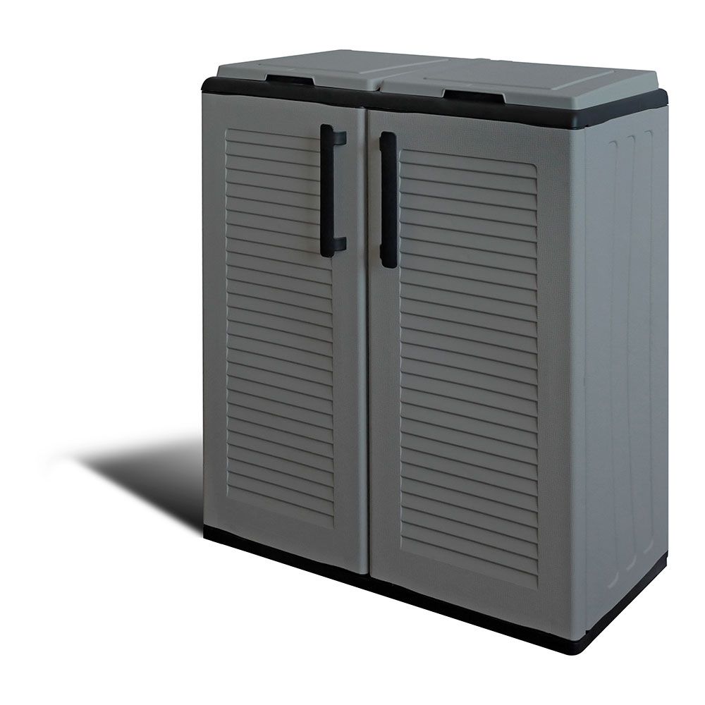 Armário baixo de polipropileno, linha eco easy, reciclagem seletiva 2 tampas, cinzento escuro, 68 x 37 x 84 cm