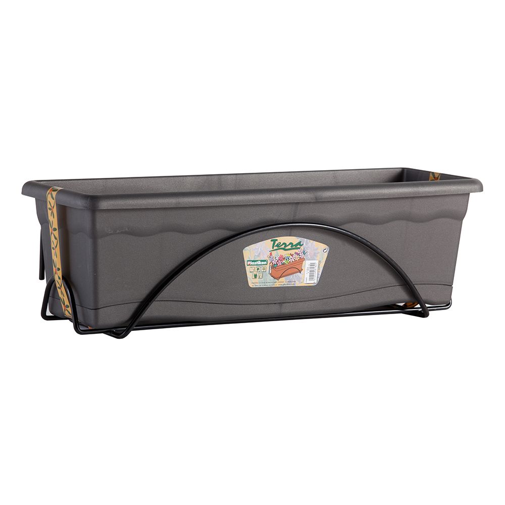 Floreira com prato integrado, cor antracite, 60 x 24 cm + suporte de metal