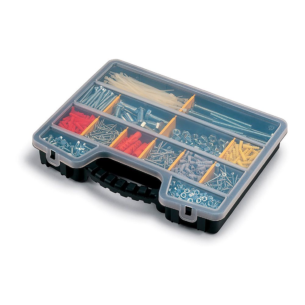 Organizador de compartimentos com tampa 20 divisões: 5 fixas + 15 divisórias removíveis 39,5 x 30,5 x 6 cm