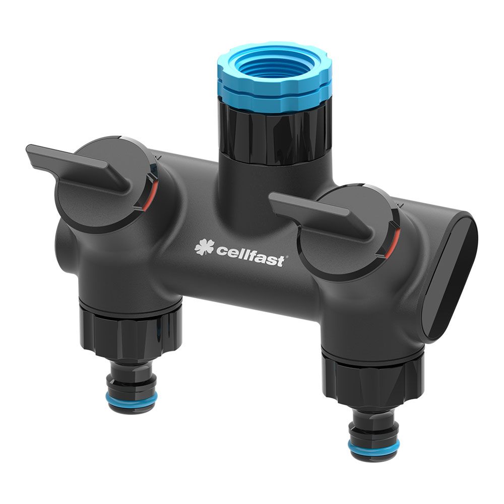 Distribuidor de 2 vias com válvulas para torneira roscada energo 6 bar, ½ pol - ¾ pol e 1 pol, blister