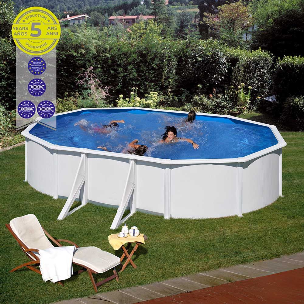Piscina oval com paredes de aço e revestimento em chapa metálica branca, com bomba de filtragem, 500 x 300 x 120 cm