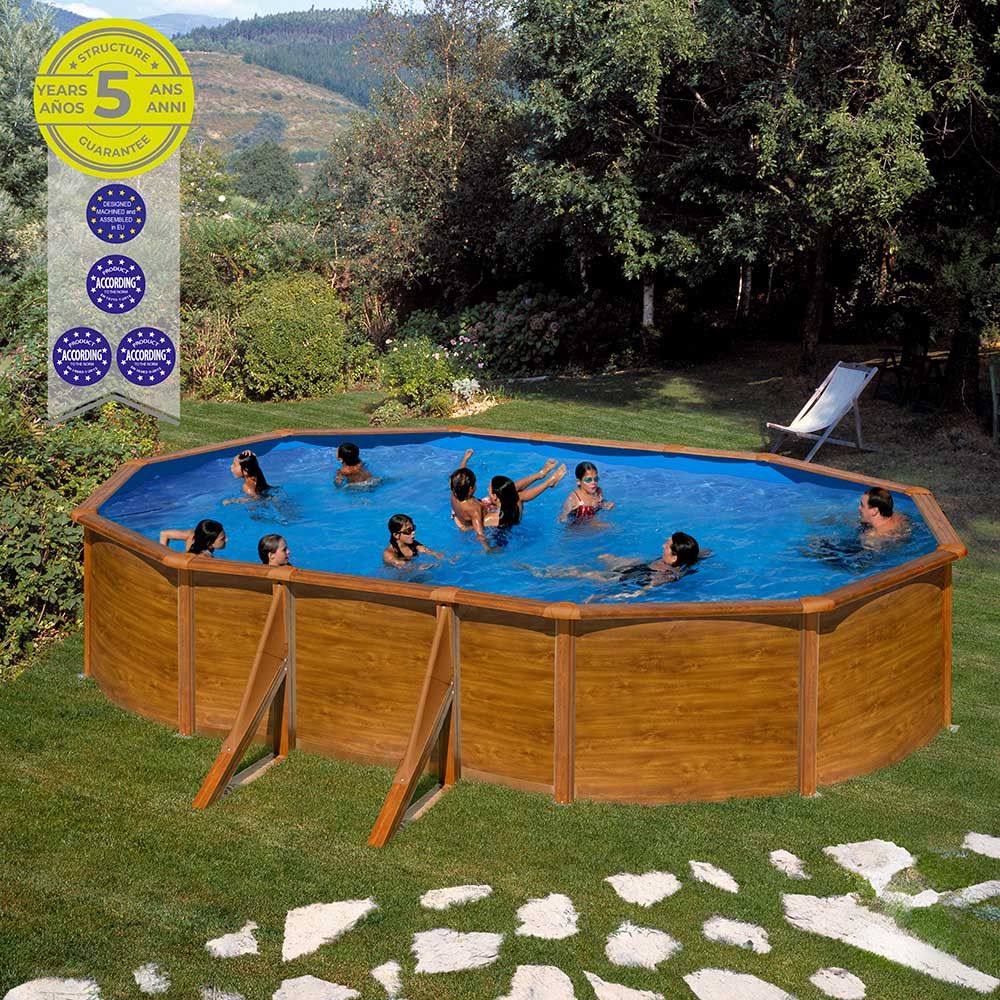 Piscina oval com paredes de aço e revestimento em chapa metálica com efeito madeira, com bomba de filtragem, 500 x 300 x 120 cm