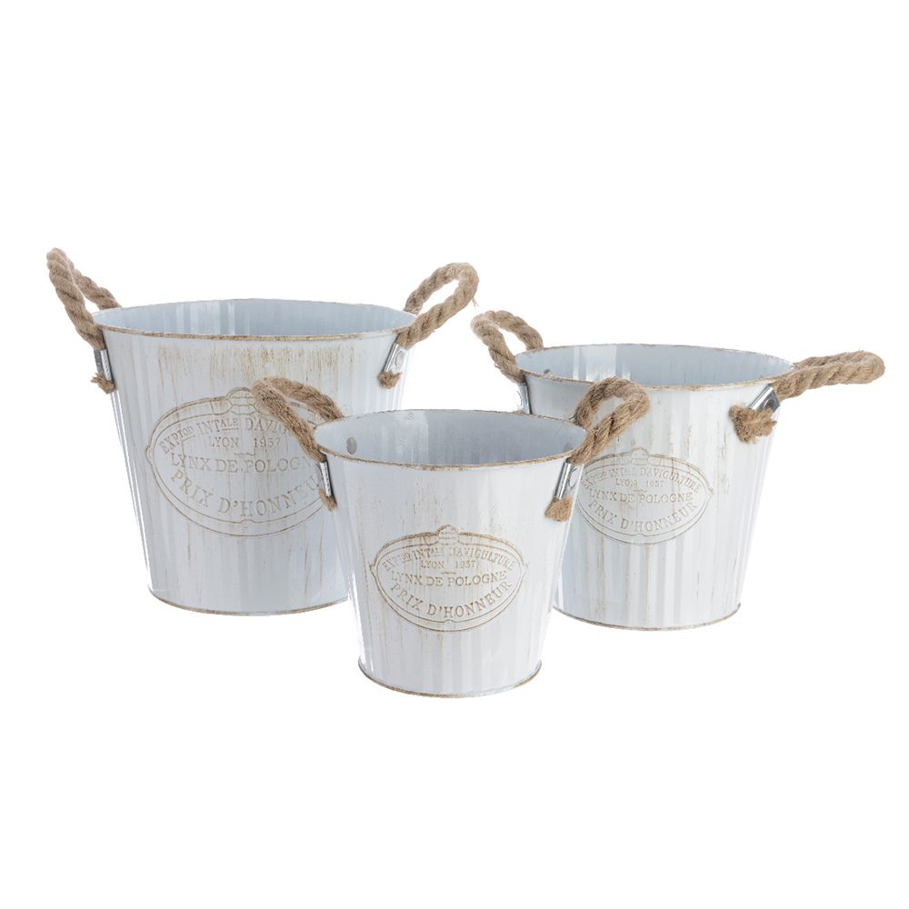 Balde de zinco com pegas de corda, kit de 3unid. ø20x17cm ø17x15cm ø15x13cm.
