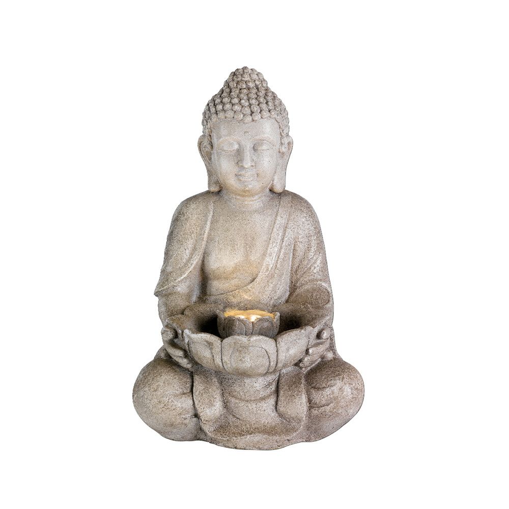 Fonte de cerâmica para exterior, modelo buda, com luz led quente, 28 x 29,5 x 45 cm