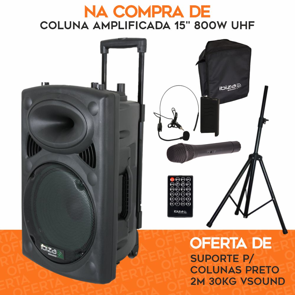 VPACK-OFERTA-IB05 Pack Coluna amplificada 15p 800w max. UHF c/ oferta suporte - Ibiza -