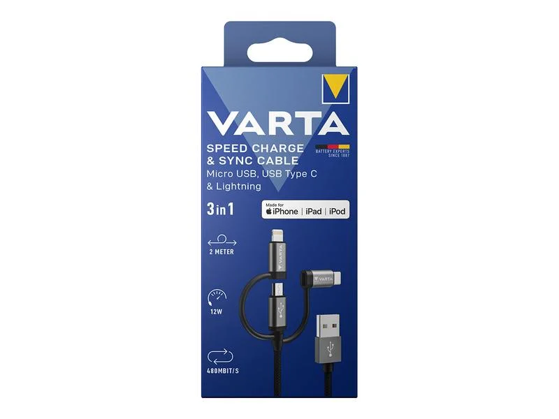 Cabo 3 em 1 Usb-A Lighting/Microusb/Type-C Varta