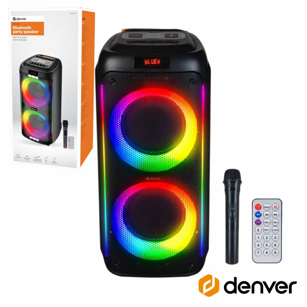 Coluna Amplificada 2x10" 1000W USB/BT/SD/AUX TWS RGB DENVER