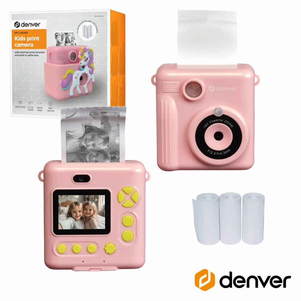 Câmara Digital Rosa P/ Crianças C/ Impressora Unicorn