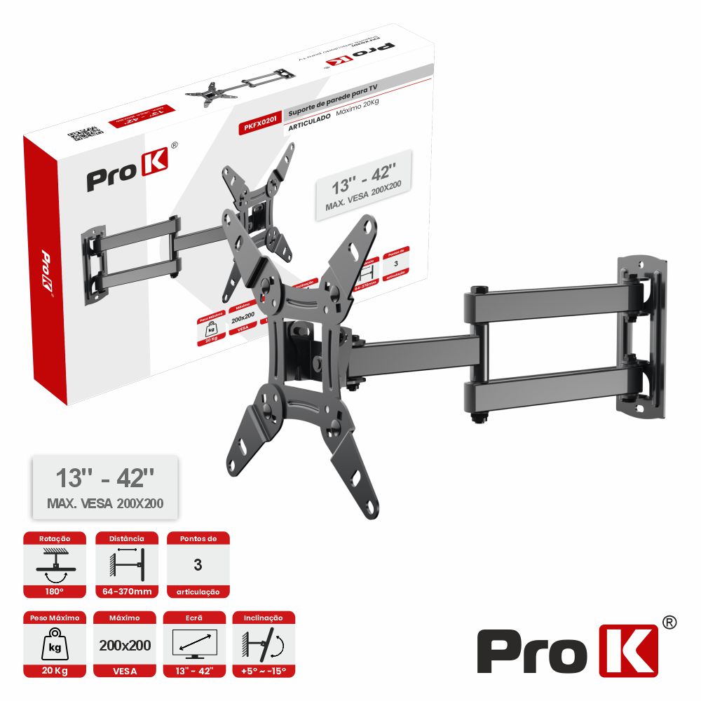 PKFX0201 Suporte tv articulado 3 pontos 13-42 20kg vesa 200X200 PROK