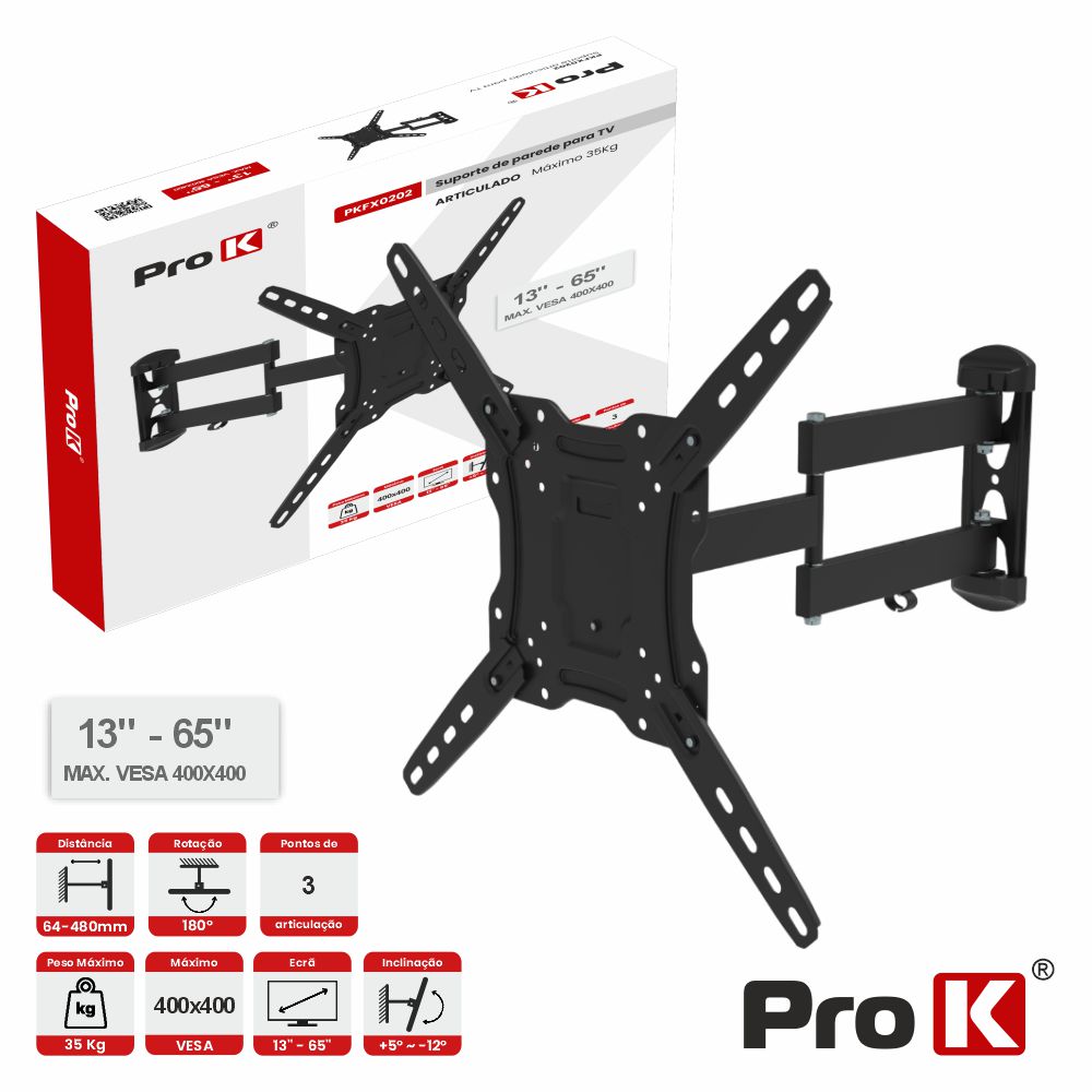 Suporte TV Articulado 3 pontos 13-65" 35kg Vesa 400x400 PROK