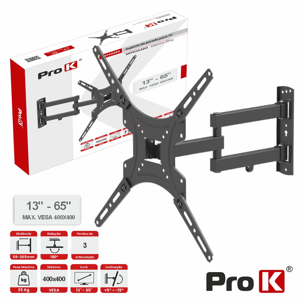 Suporte TV Articulado 3 pontos 13-65" 35kg Vesa 400x400 PROK