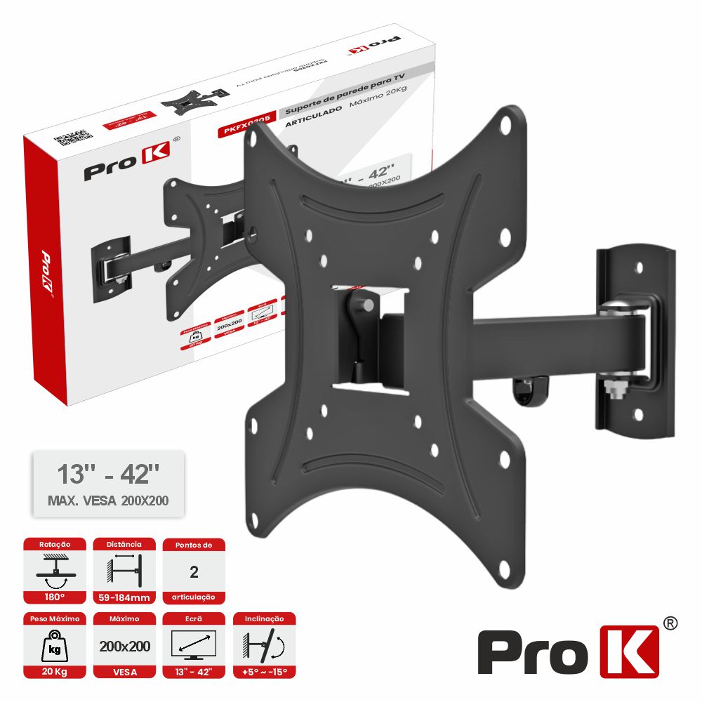 PKFX0205 Suporte tv articulado 2 pontos 13-42 20kg vesa 200X200 PROK