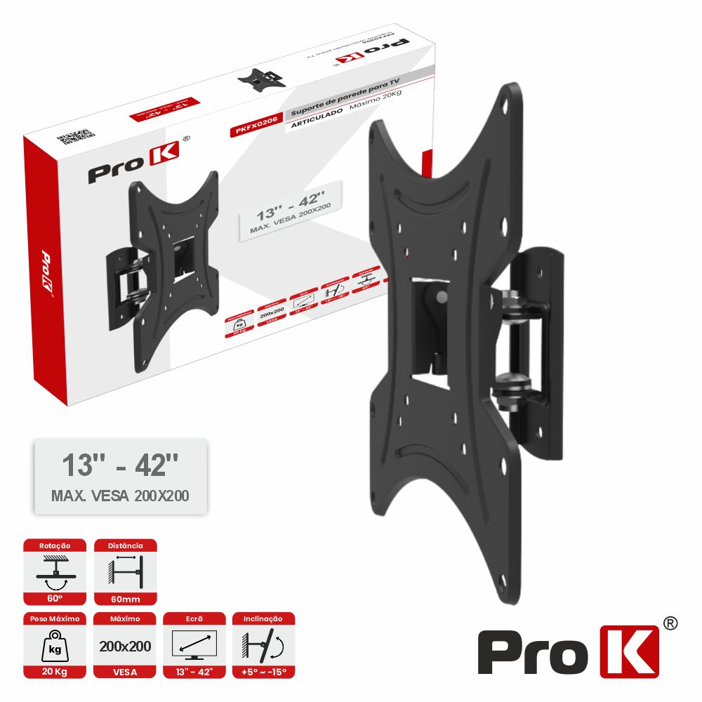 PKFX0206 Suporte tv articulado 13-42 20kg vesa 200X200 PROK