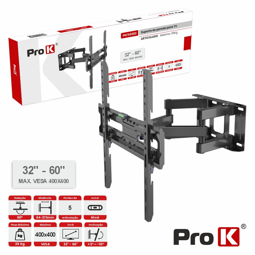 Suporte TV Articulado 5 pontos 32-60" 35kg Vesa 400x400 PROK