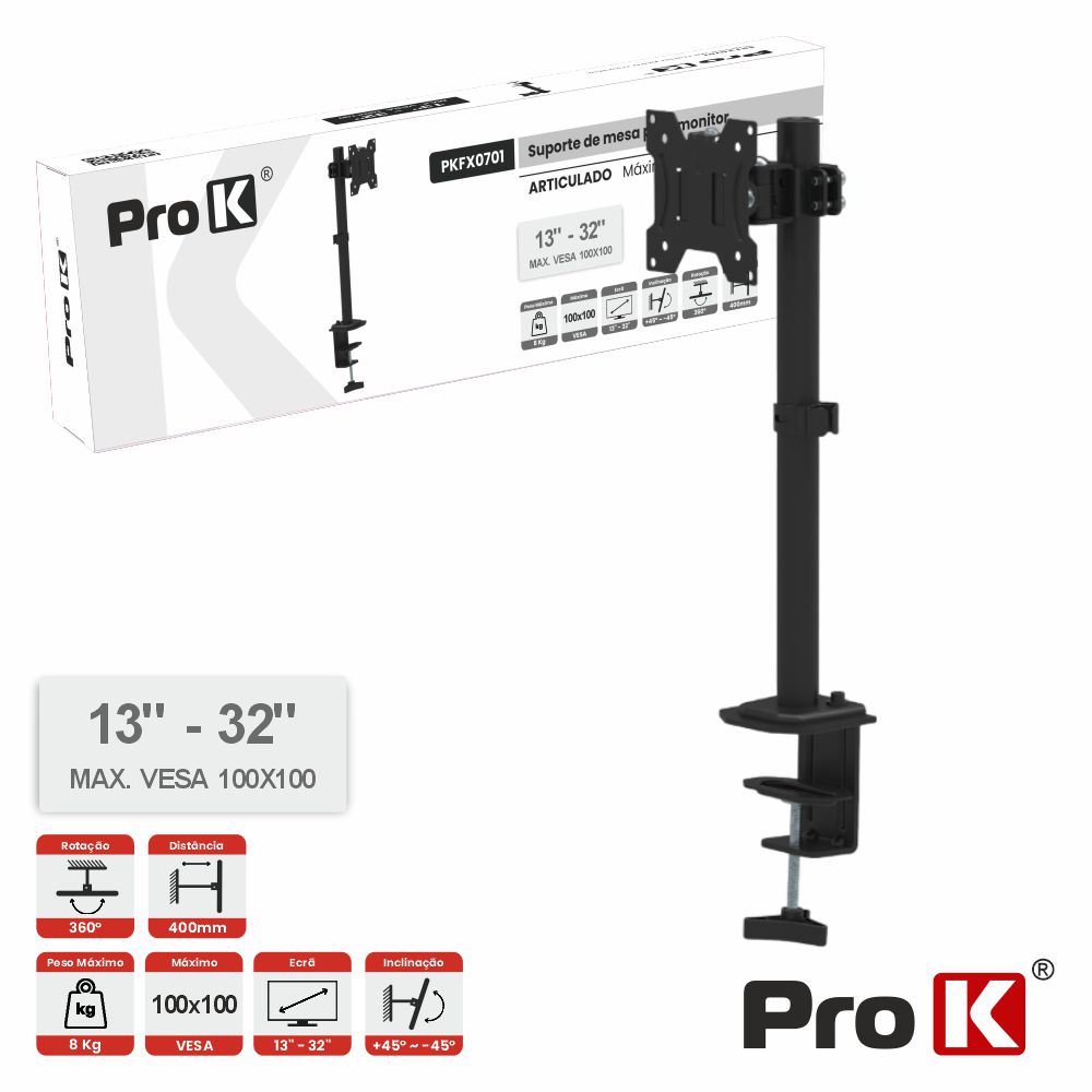 Suporte Monitor Mesa 13-32" 8kg Vesa 100x100 PROK