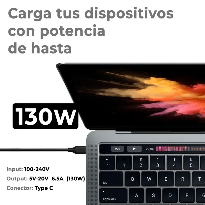 AD00250 Carregador portátil 5-20V 6.5A 130W USB-C - Image 3