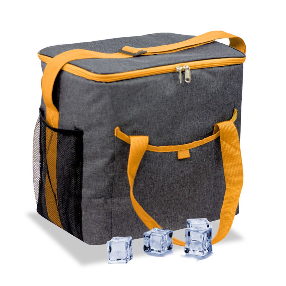 BOLSA TÉRMICA 21 l DESIGN DE GANGA CINZENTO COM RIBETE, PEGAS E ALÇA LARANJA, 31,7 x 20 x 33 cm