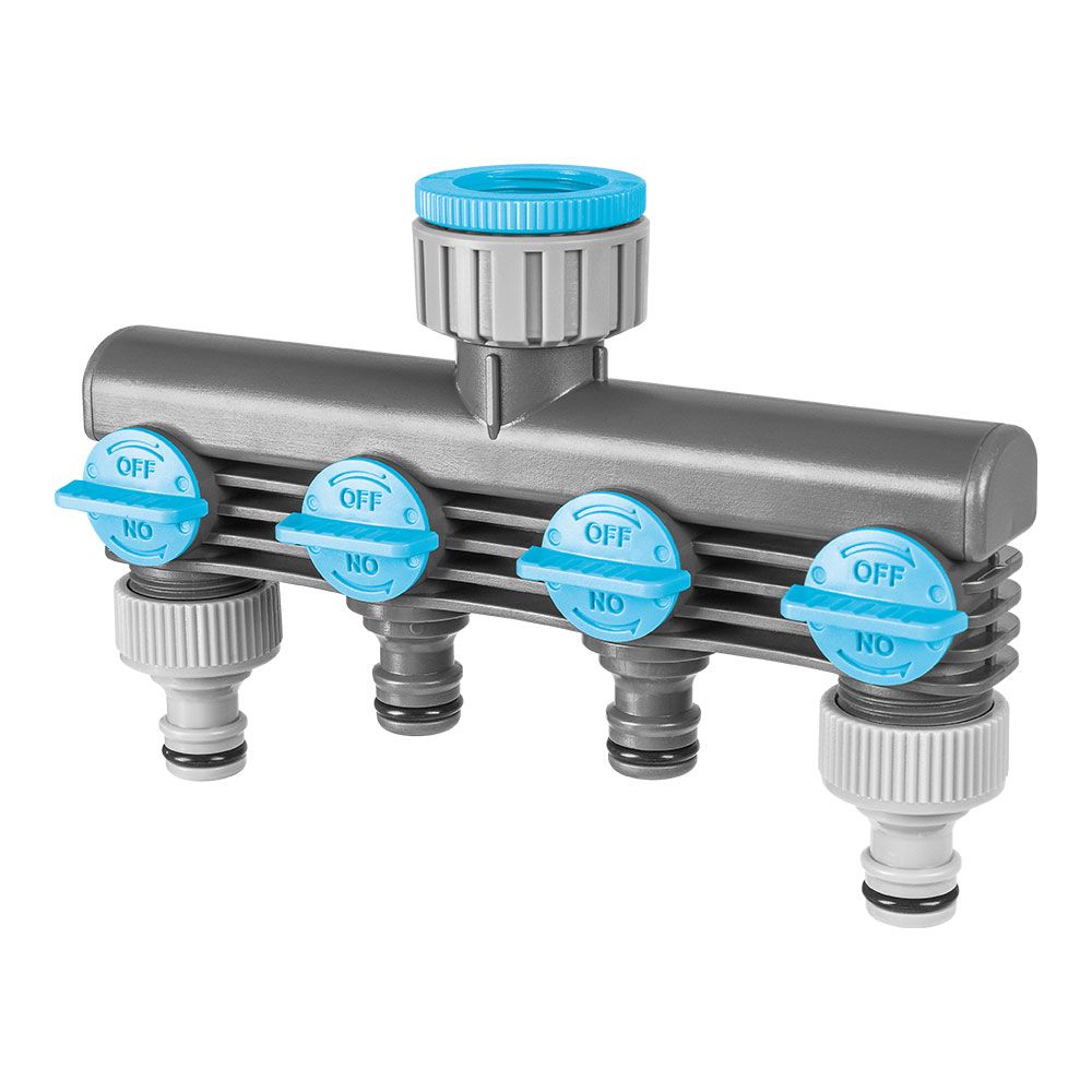 DISTRIBUIDOR DE 4 VIAS COM VÁLVULAS PARA TORNEIRAS CELLPRO DE 6 bar, ROSCAS DE ¾ pol E 1 pol, BLISTER