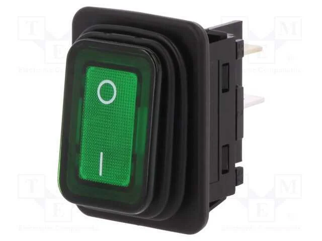 Rocker, Dpst, Pos: 2, On-Off, 20a/250vac, Verde, .