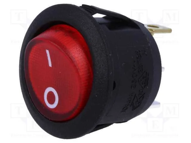 Rocker, Spst, Pos: 2, Off-(On), 10a/250vac, Verme.