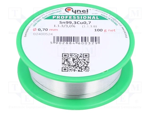 Arame de Solda, Sn99,3cu0,7, 0,7mm, 100g, Sem Chu.