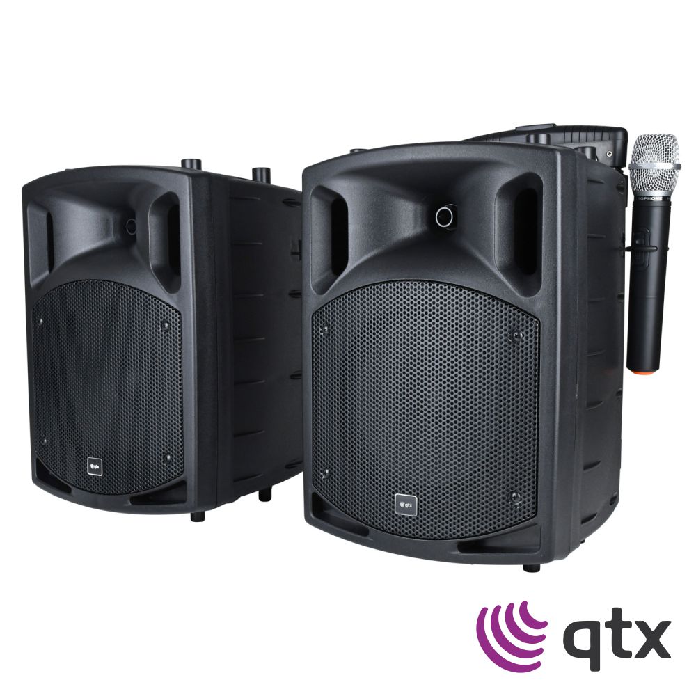 Conjunto Colunas 8" Ativa+Passiva 2x50W BT/UHF/DVD/Bat QTX