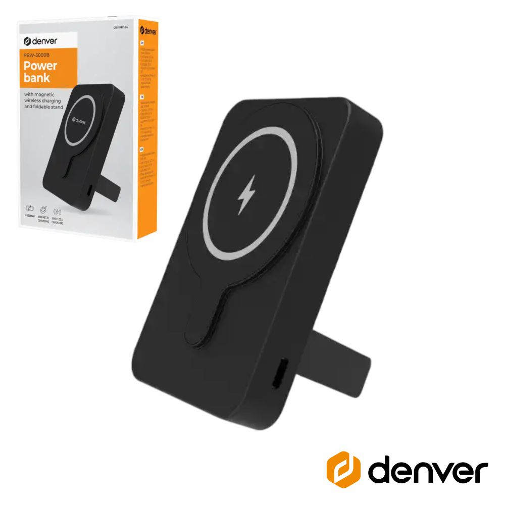 Powebank 5000mAh S/Fios C/Suporte Dobrável Preto DENVER