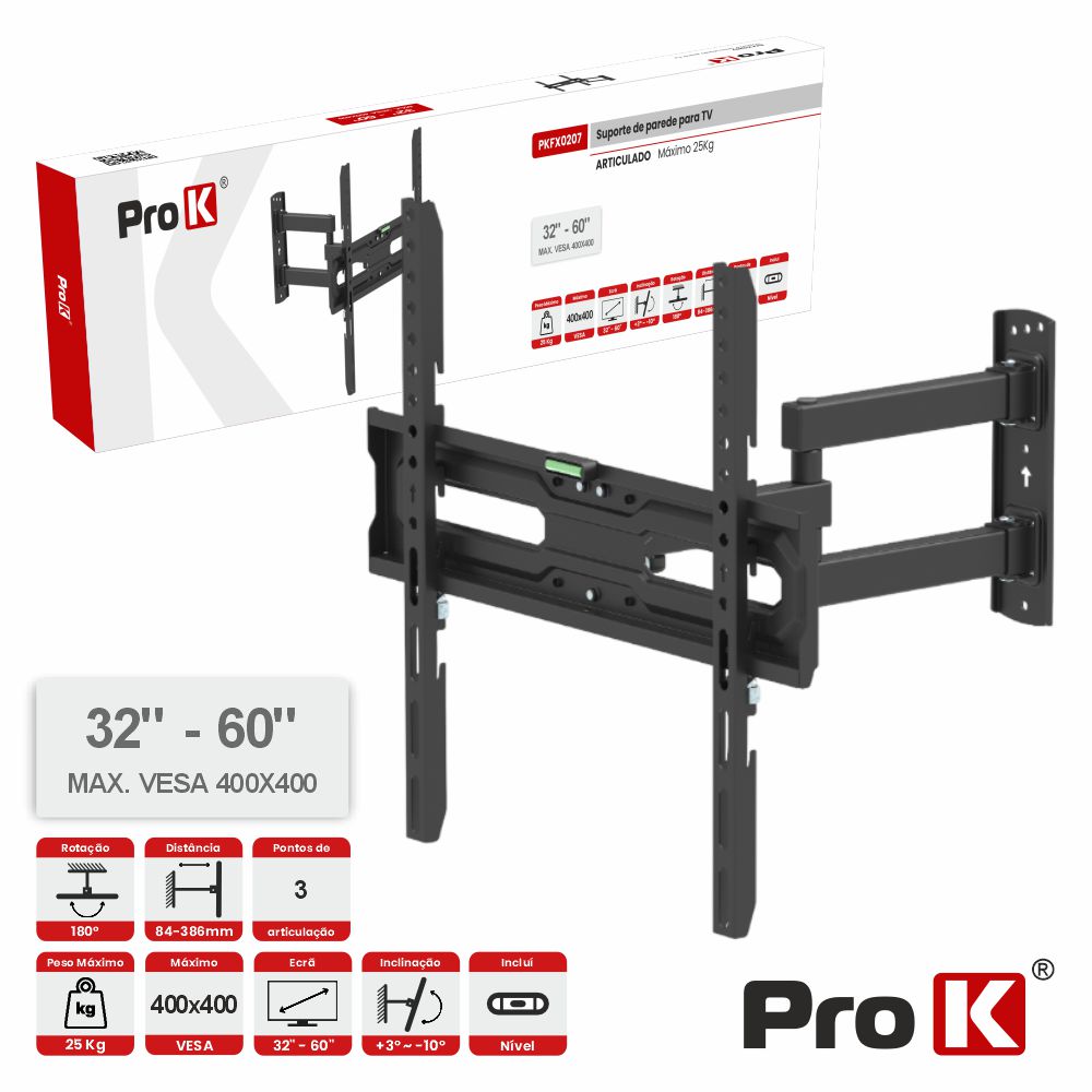 Suporte TV Articulado 3 pontos 32-60" 25kg Vesa 400x400 PROK