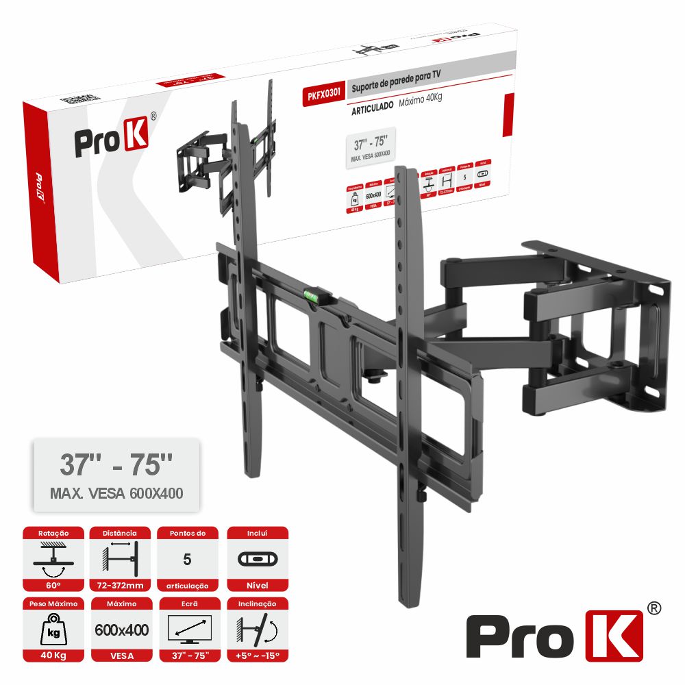 Suporte TV Articulado 5 pontos 37-75" 40kg Vesa 600x400 PROK