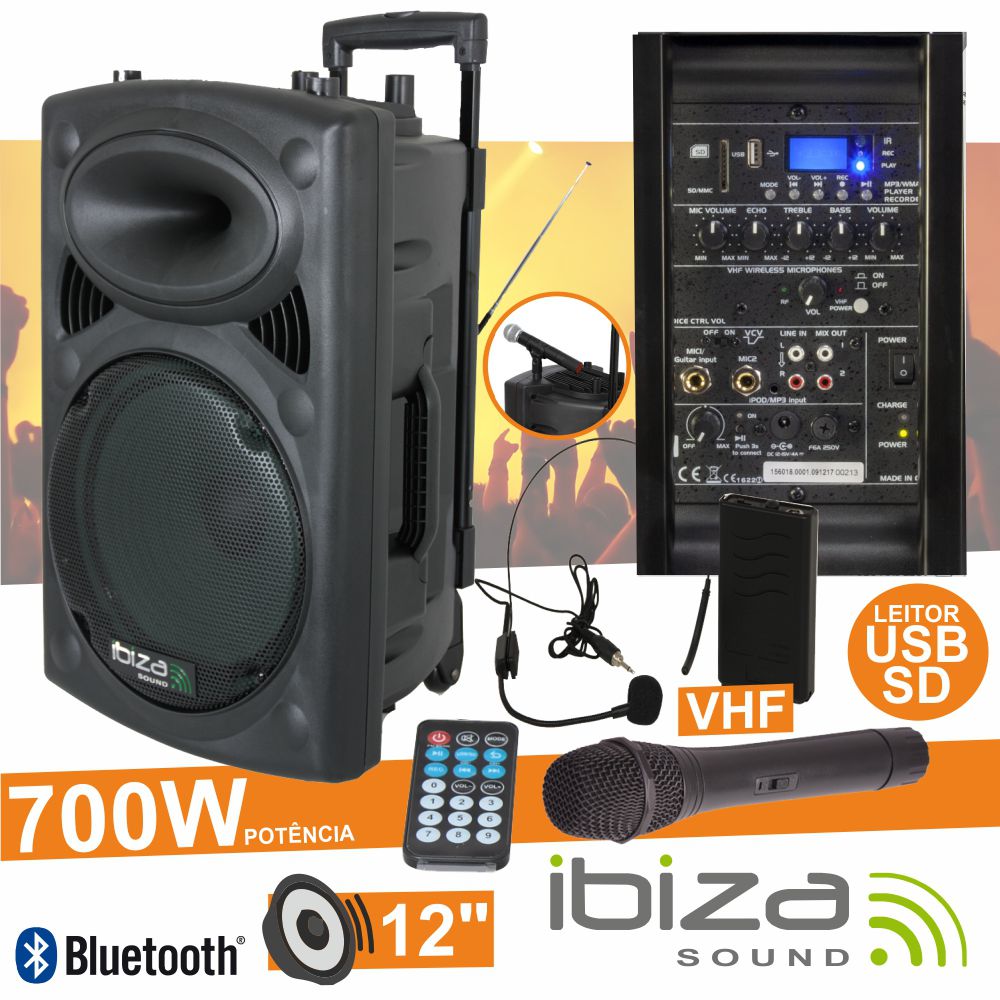 COLUNA AMPLIFICADA 12" 700W USB/BT/SD/BAT VHF PRETA IBIZA